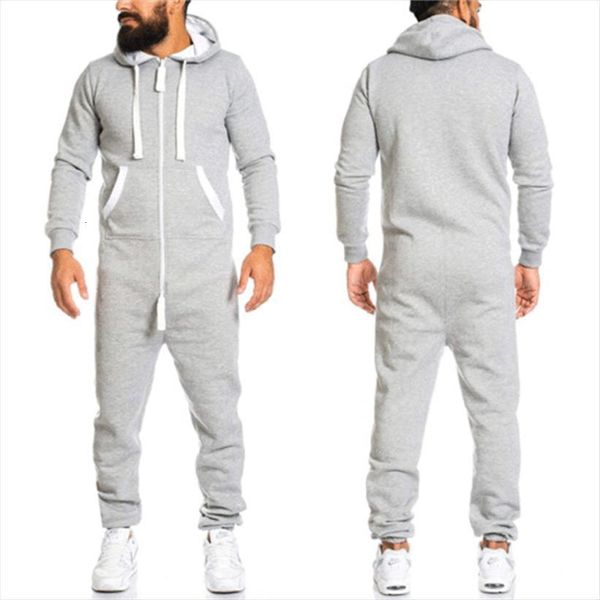 

brand autumn jumpsuit solid men tracksuits color long sleeve hooded zip up casual romper with pockets for sports jogging fitness, Gray