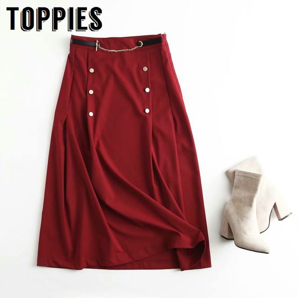 

ies new women faldas red ol skirt double buttons mujer faldas 210412, Black