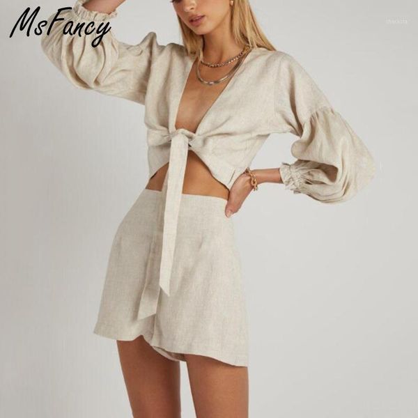 

msfancy summer linen shorts sets women boho long lantern sleeve bandage crop high waist 2021 mujer 2 piece women's tracksuits, Gray