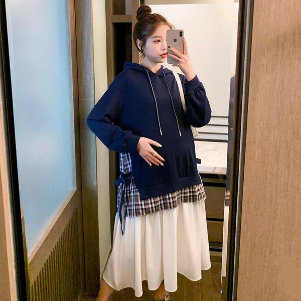 

maternity dresses 605 2021 autumn korean fashion patchwork long dress elegant a line loose clothes for pregnant women chic ins pregnancy, White