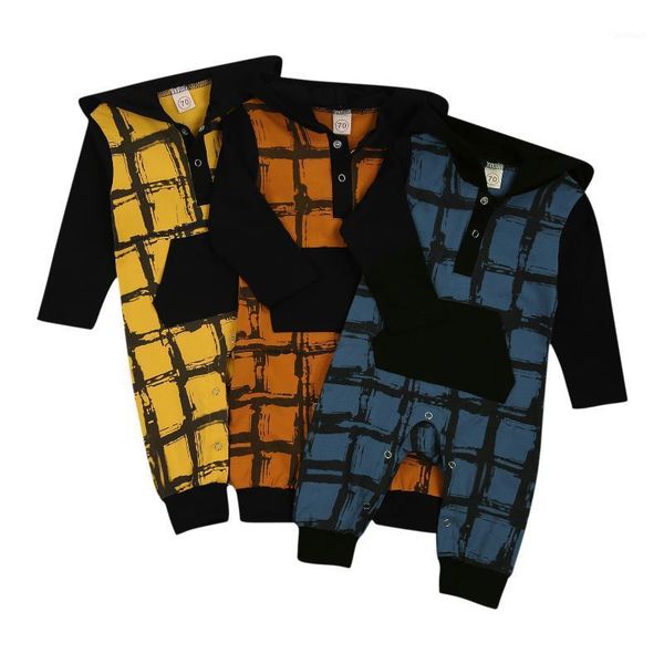 

jumpsuits 2021 fall autumn 0-24m infant baby boy girl plaid hooded black romper front pocket long sleeve button toddler outfits, Blue