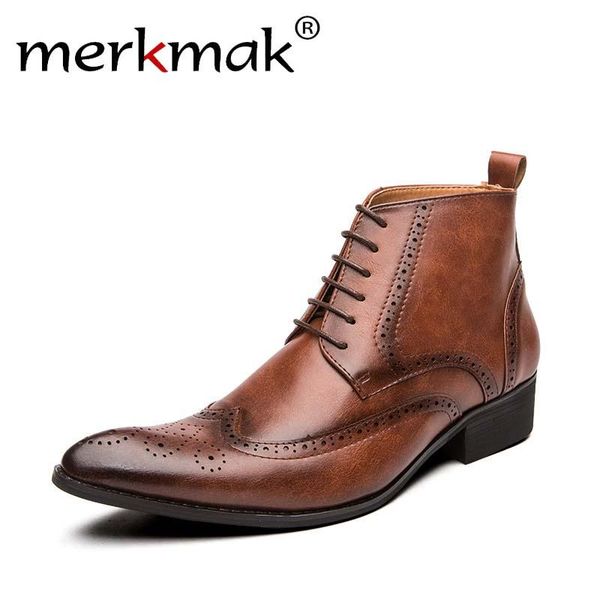 

boots merkmak 2021 men's spring autumn lace up leather male shoes wedding party business brogue ankle fashion, Black