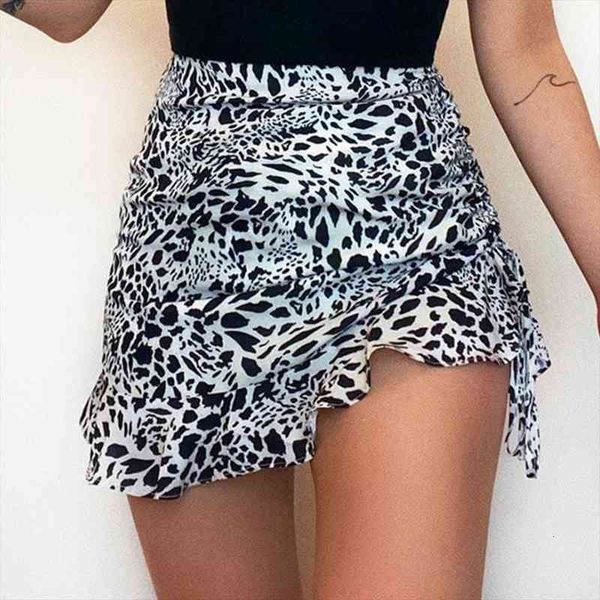 

fashion skirt women asymmetrical ruffles high waist leopard drawstring mini skirt womens clothing fashion, Black