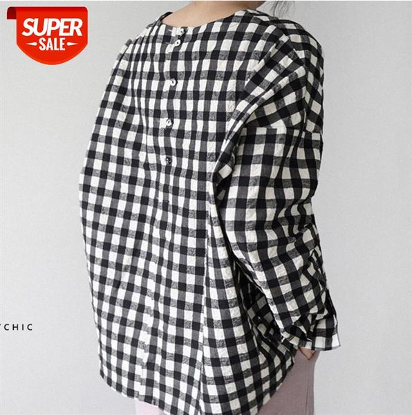 

303- korean retro style blouse spring round neck pullover plaid loose long-sleeved shirt #qd07, Black;gray