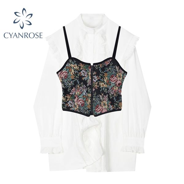 

women's white cardigan blouses with vintage zipper vest 2pcs long sleeve peter pan collar sweet vintage shirts female 210417