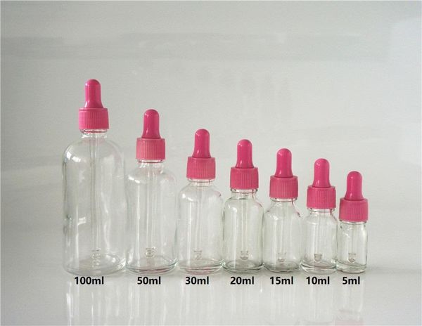 

storage bottles & jars 5/10/15/20/30/50/100ml clear essential oil bottle pink rubber head empty dropper cover cap glass transparent containe