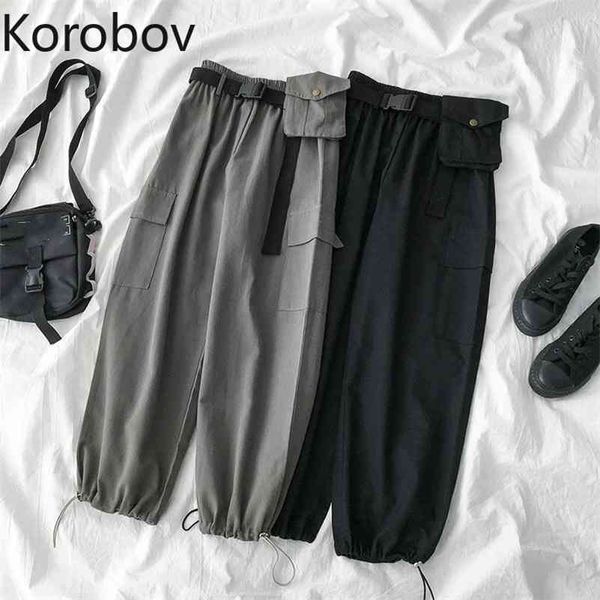 

korobov harajuku casual summer women trousers korean high waist elastics preppy style pants streetwear pockets sashes joggers 210430, Black;white