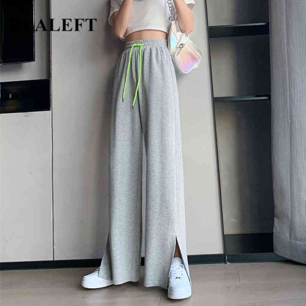 

women's sweetpants drawing spring summer high waist casual loose joggers female wide leg split trouses pockets 210428, Black;white