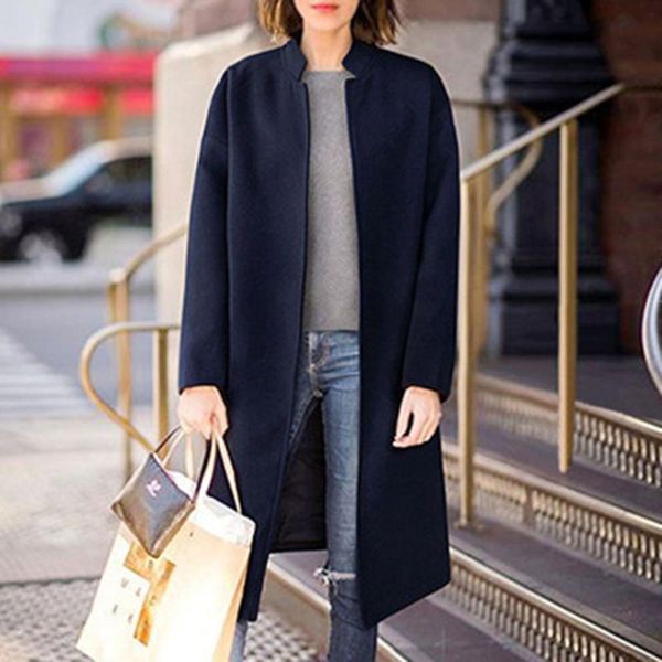 

women's wool & blends women solid minimalism long overcoat fashion sleeve stand collar cardigan patchwork elegant casual winter coat, Black