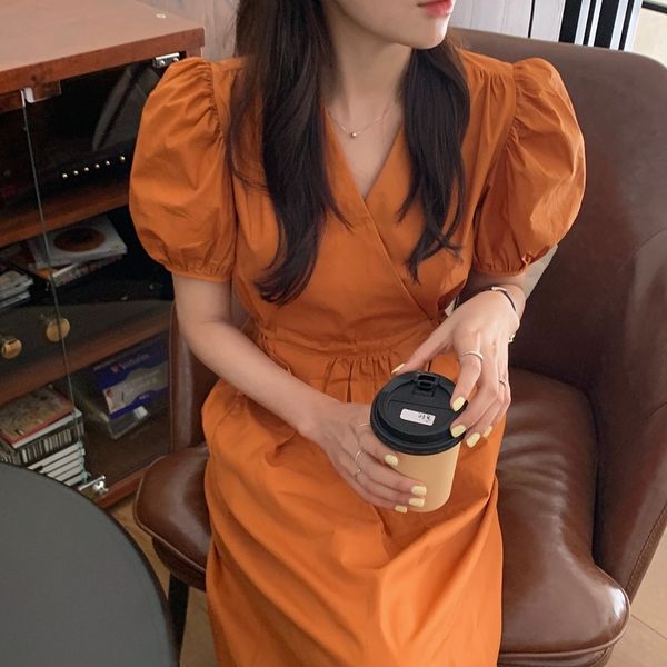 

woman dress cotton v-neck puff sleeve dresses solid belt sundress brown a-line vintage clothing 2021 summer fashion new, Black;gray