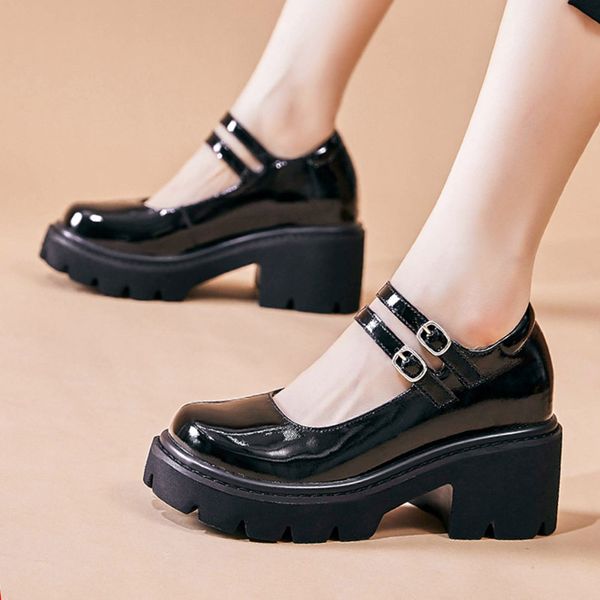 

spring autumn women mary janes shoes double buckle high heels platform shoes patent leather thick sole ladies shoes lolita 9439n, Black