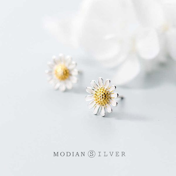 

silver 925 design plant daisy flower stud earrings for women real sterling luxury brand jewelry pendiente 210707, Golden;silver