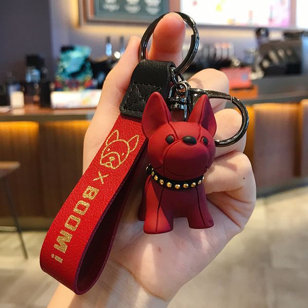 

cute creative cartoon schoolbag bulldog car key french dog charm keychain, Silver