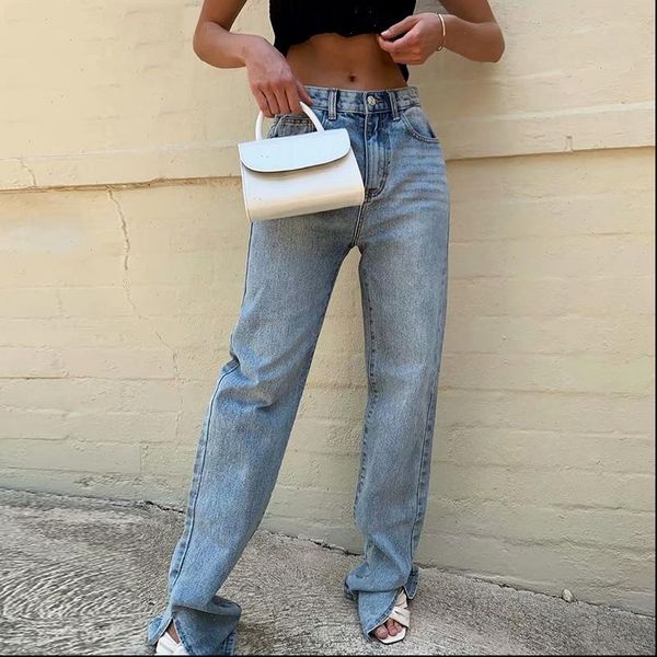 

high waist pant spring loose womens jeans solid denim pants button summer retro ladies zipper blue floor split