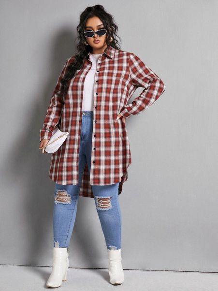 

plus plaid high low hem blouse n9om#, Black