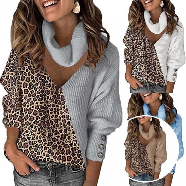 

women's sweaters lady stylish leopard patchwork buttons cuff knitted pullover knitwear lantern sleeve for party, White;black