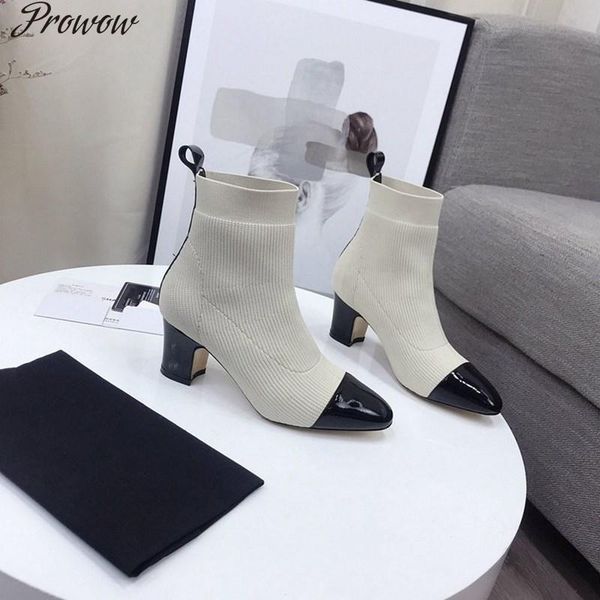 

boots prowow genuine leather mid heel woman ankle pointed toe stretch fabric ladies shoes luxury designer, Black