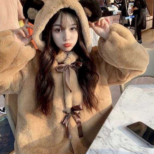 Cappotto di pelliccia femminile con orecchie da orso autunno e inverno in pelliccia sintetica carina morbida giacca imbottita in peluche per ragazza 210526