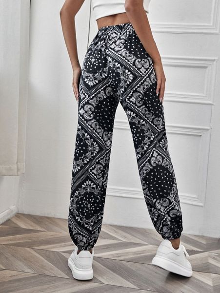 

paisley print elastic waist pants d7w5#, Black;white