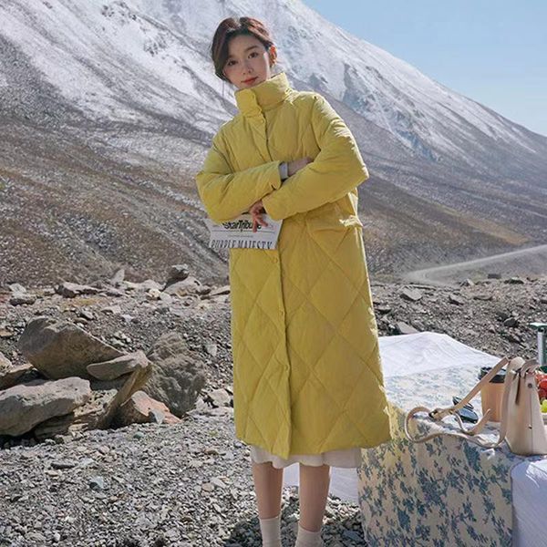 

women's trench coats 2021 winter fashion korean style long cotton-padded coat casual stand-up collar argyle pattern oversized parka jac, Tan;black