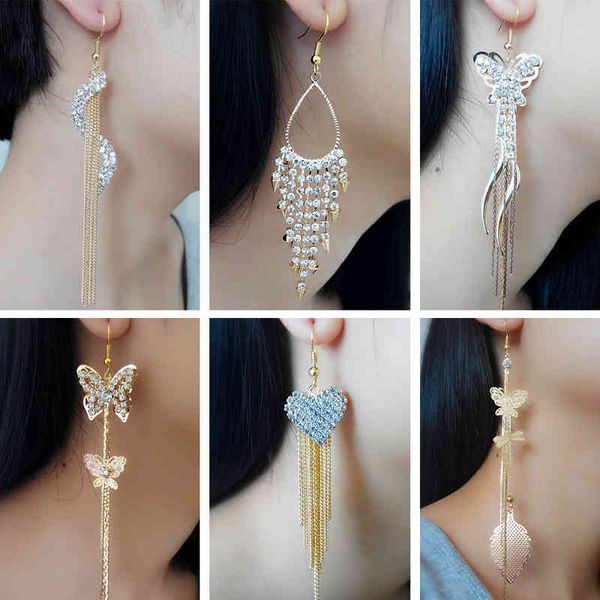

charms ear stud clip rings korean temperament water drop diamond inlaid long 2021 tidal claw chain butterfly love super tassel line female, Golden