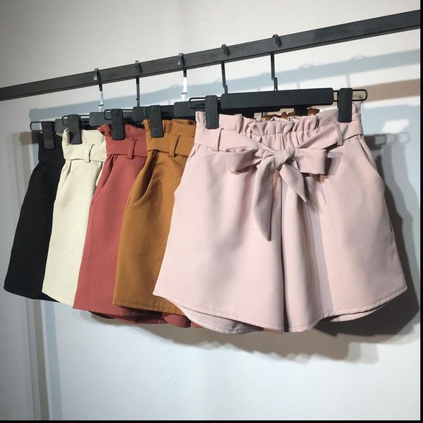 

women short summer autumn fashion elastic sashes high waist shorts vintage wide leg solid thin bow, White;black