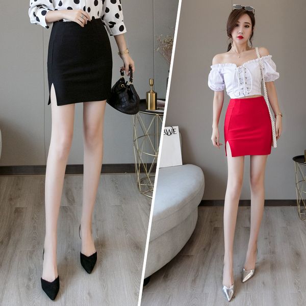 

short women's skirt summer black split wrap slim high waist one step elastic
