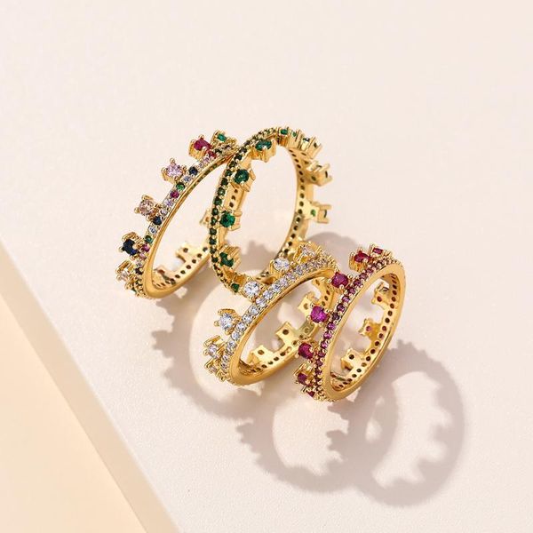 

cluster rings luxury rainbow crown ring woman infinity stone wholesale streetwear gold band for women 2021 cz europe, Golden;silver