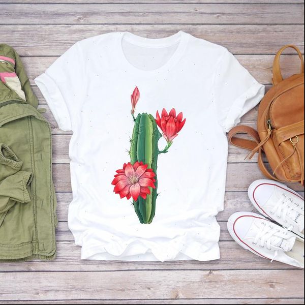

cactus floral cute casual women t shirts fashion printed 90s graphic tee, White
