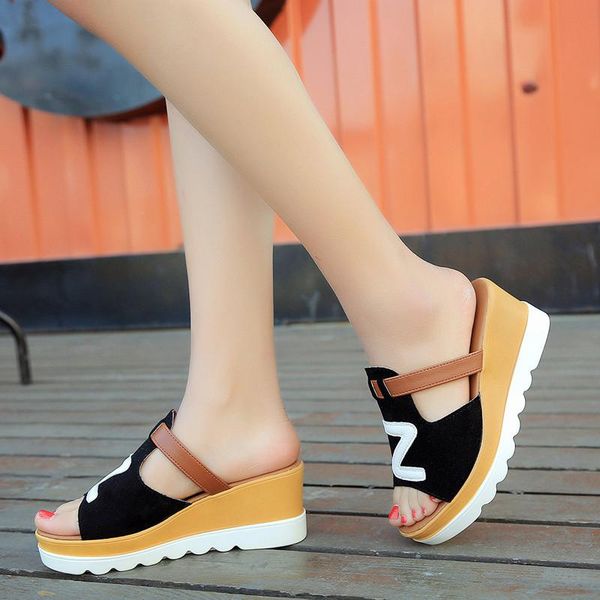 

sandals akexiya summer slip on women wedges platform hip hop rock fashion open toe ladies casual shoes comfortable slippers, Black