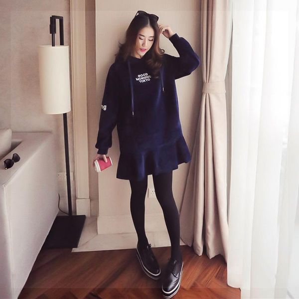 

casual dresses 2021 autumn and winter hooded loose xxxxxl women dress thick plus size ruffle hoodie womens keep warm clothes, Black;gray