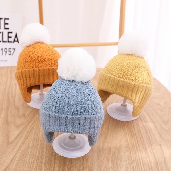 

berets simple children winter hats for baby bonnets solid warm thicken double layered plush lining 6-24month hat outdoor, Blue;gray