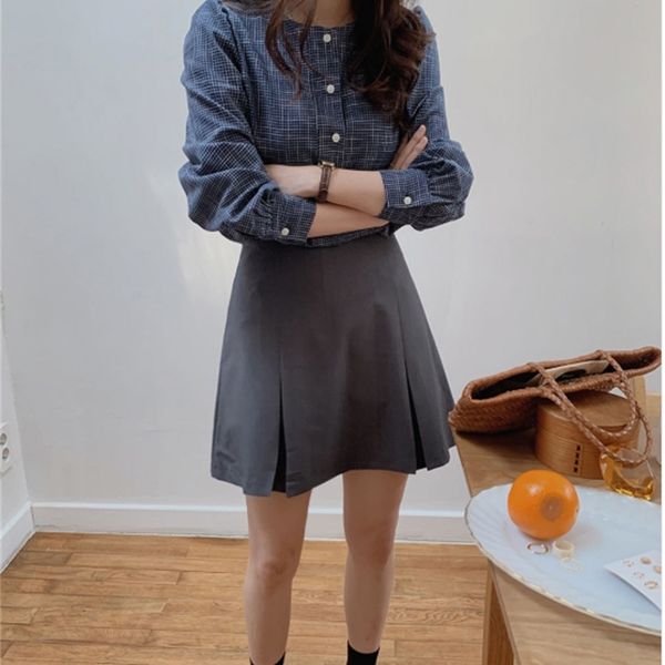 

girls spring women long sleeves high waist plaid a line skirts two piece suits sell separately oversize loose 210417, White