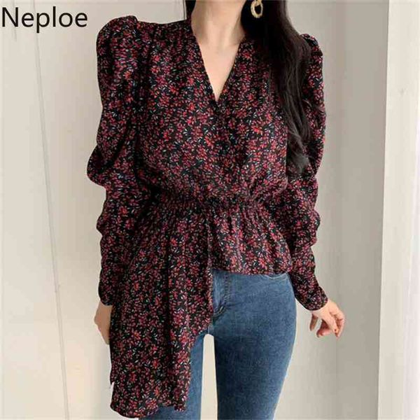 

retro floral women blouse puff long sleeve v-neck shirt spring korean slim waist irregular ruffle blusas 1a1406 210422, White