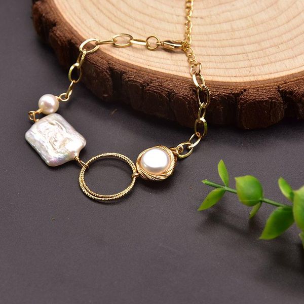 

link, chain cultured white baroque freshwater pearl keshi strand bracelet for handmade classic wedding, Black