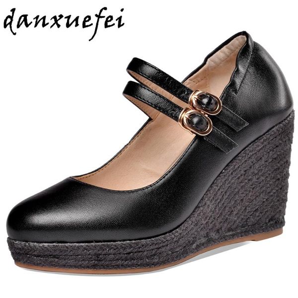 

dress shoes women's genuine leather 9cm ultra high heel wedge platform double buckle mary jane pumps round toe elegant ladies, Black