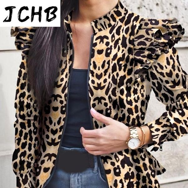 

leopard camo print bomber jacket women zipper ruffle patchwork coat 2021 autumn long sleeve basic plus size short jackets female women', Black;brown