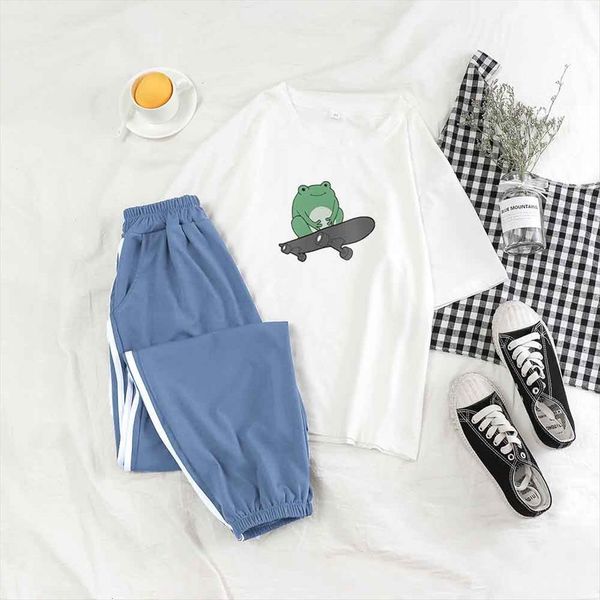 

sweatpants set tracksuit casual womens pants kawaii cute frog trousers outfits t shirt fashion pullover suits, White