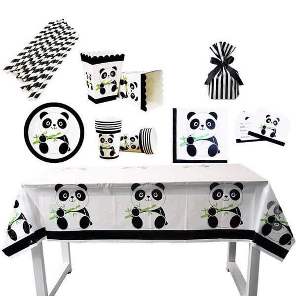 

packaging dinner service panda animal party paper plates cups disposable tableware sets black straws napkin birthday decorations kids favors