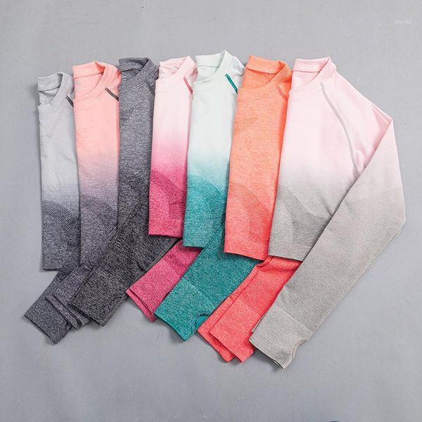 

yoga outfit ombre women crop long sleeve shirts sport fitness gym sports running full clothing