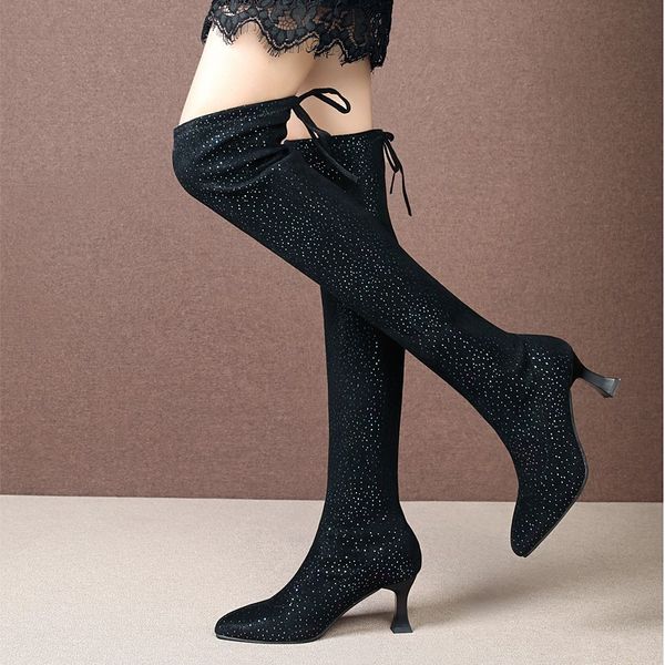 

knee boots women's high heeled winter pointed thin elastic, Black