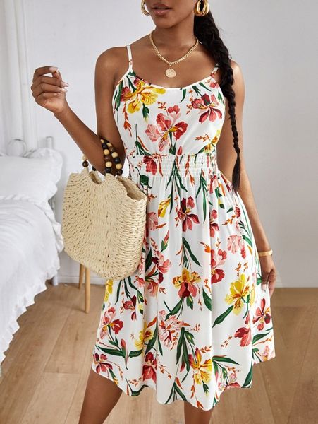 

floral print shirred cami dress p1eq#, Black;gray