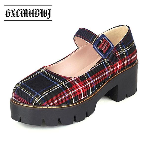 

dress shoes gxcmhbjw japanese style student girls round toe plaid buckle chunky heel platform women casual mary janes lady pumps, Black