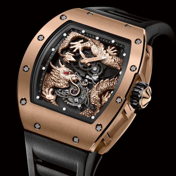 

wristwatches classic black rubber rose gold men watch sapphire automatic mechanical dragon tourbillion skeleton limited watches, Slivery;brown