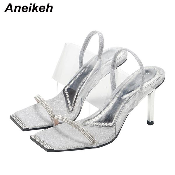 

sandals aneikeh fashion pvc bling crystal high heels women square head back strap gladiator summer party shoe size 41 42, Black