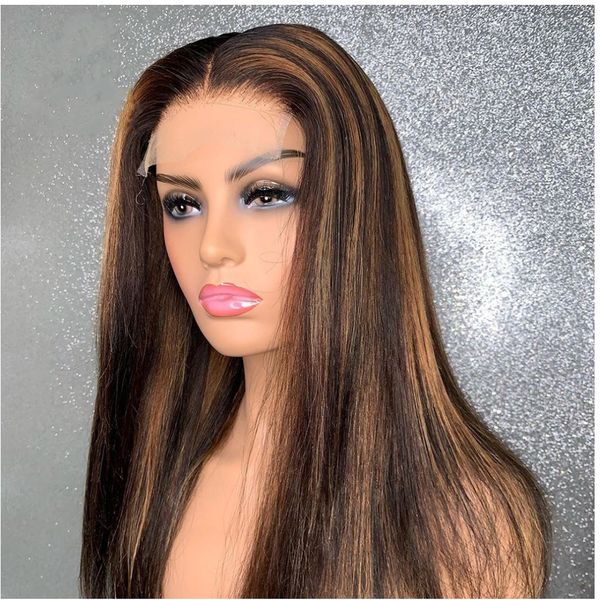 Honigblonde Ombre-Braun-Highlight-Farbe-Perücken, brasilianisches Echthaar mit Spitze vorne für schwarze Frauen, 13 x 1 synthetische Frontal-Perücke