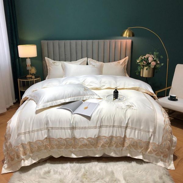 

bedding sets white luxury satin silk cotton lace embroidery set  king double duvet cover bed linen pillowcases textile home