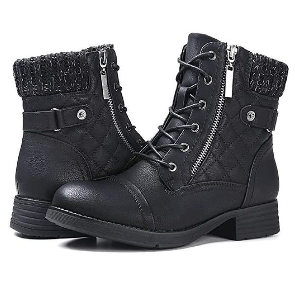 

boots plus size short women 2021 summer style artificial leather shoes stitching thick front lace-up side zipper martn, Black