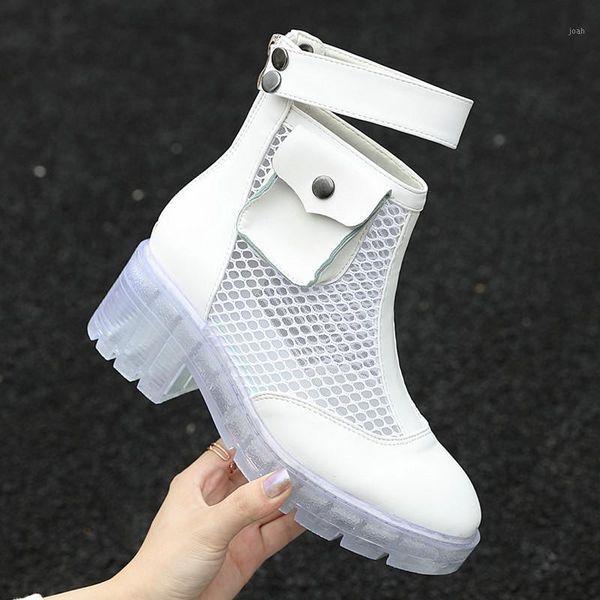 

boots 2021 autumn women motorcycle fashion air mesh packet summer ankle platform wedge transparent sole short shoes1, Black