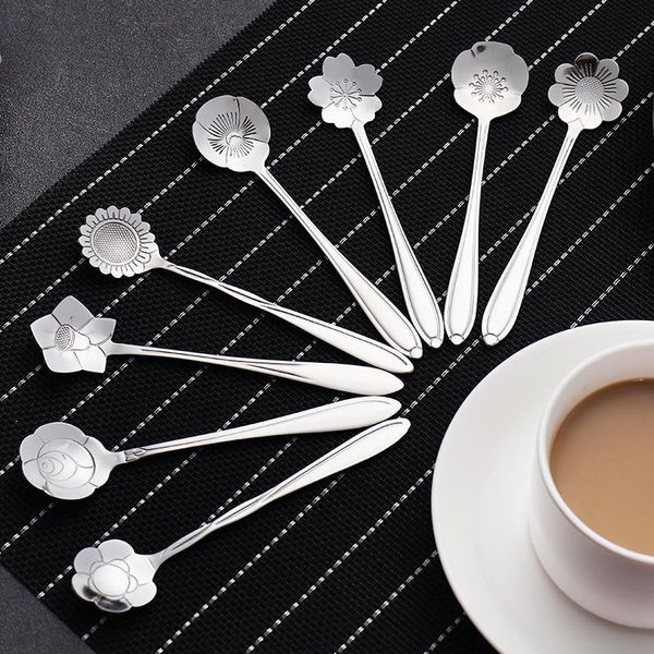 

spoons 1pcs stainless steel sakura bellflower rose sunflowers cosmos pansy pattern measuring tea coffee scoop drink supplies